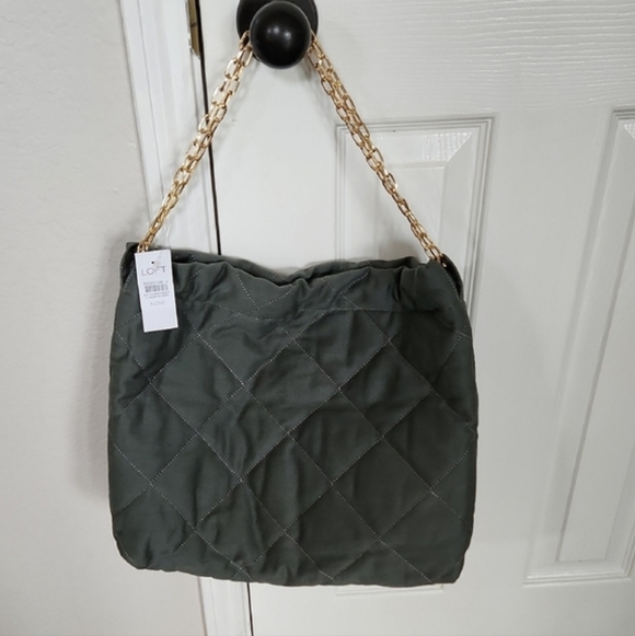 LOFT Quilted Hobo Bag - Dark Green Shoulder Bag with Gold Chain - NWT - Picture 6 of 7